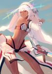  1girl absurdres altera_(fate) armor bangs bare_shoulders black_nails breasts choker closed_eyes dark_skin detached_sleeves fate/extella fate/extra fate/grand_order fate_(series) highres holding holding_weapon looking_to_the_side midriff nail_polish navel rainbow red_eyes reido short_hair silver_hair smile solo sword tattoo veil weapon 