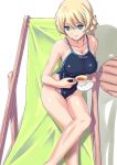  1girl bangs black_tea blonde_hair blue_eyes blue_swimsuit braid breasts cleavage closed_mouth collarbone competition_swimsuit cup darjeeling double_bun girls_und_panzer green_eyes hammock highleg highleg_swimsuit highres holding large_breasts legs_crossed light_smile nenchi one-piece_swimsuit saucer short_hair sitting solo swimsuit tea teacup tied_hair twin_braids 