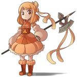  1girl axe boots detached_sleeves dress frown full_body hair_ribbon hand_on_hip mary_cagle orange_boots orange_dress orange_eyes orange_hair original puffy_detached_sleeves puffy_sleeves ribbon serious signature solo weapon 