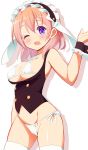  1girl 9law ;d animal_ears bikini blush breasts cleavage gochuumon_wa_usagi_desu_ka? hoto_cocoa large_breasts looking_at_viewer one_eye_closed open_mouth rabbit_ears short_hair side-tie_bikini sideboob simple_background smile solo swimsuit thigh-highs under_boob violet_eyes waitress white_background white_bikini white_legwear wrist_cuffs 
