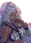  1girl altera_(fate) armor bangs bare_shoulders black_nails breasts choker closed_eyes crying dark_skin detached_sleeves fate/extella fate/extra fate/grand_order fate_(series) highres jewelry midriff nail_polish navel parted_lips rainbow red_eyes ring short_hair silver_hair solo tattoo veil white_background white_hair 