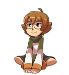  1girl ahoge black_eyes brown_hair full_body glasses hyakujuu-ou_golion indian_style mary_cagle pidge_gunderson reverse_trap short_hair shorts sitting smile solo voltron:_legendary_defender 