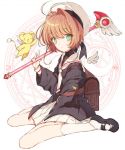  1girl antenna_hair brown_hair card_captor_sakura fuuin_no_tsue green_eyes kero kinomoto_sakura looking_at_viewer neckerchief school_uniform serafuku short_hair skirt smile solo wand wings yasiromann 