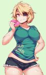  1girl blonde_hair breasts clothes_writing doughnut eating eyepatch food hand_on_hip large_breasts looking_at_viewer original red_eyes revision scar shirt short_hair short_shorts shorts solo t-shirt zako_(arvinry) 