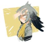 1girl blush breasts closed_mouth ears grey_hair hair_ornament hand_in_hair jacket kemono_friends shoebill_(kemono_friends) short_hair silver_hair simple_background tommy830219 upper_body yellow_eyes 