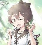  1girl 2015 animal artist_name brown_eyes brown_hair commentary_request dated hair_ribbon highres kantai_collection long_hair mku nut_(food) one_eye_closed open_mouth ponytail ribbon school_uniform serafuku shikinami_(kantai_collection) smile solo squirrel twitter_username 