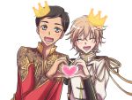  2boys ^_^ armor black_hair blonde_hair closed_eyes crossover crown grey_eyes heart heart_hands heart_hands_duo japanese_armor kirihara_wakana kote male_focus monoyoshi_sadamune multiple_boys ono_kenshou open_mouth phichit_chulanont seiyuu_connection smile sode touken_ranbu yuri!!!_on_ice 