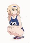  artist_name d: hairband hands_on_own_knees i-26_(kantai_collection) jpeg_artifacts kantai_collection light_brown_hair new_school_swimsuit no_jacket no_socks open_mouth signature slippers so_shina squatting two_side_up 