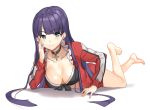  1girl aqua_eyes bikini_top breasts cleavage elbow_rest fate_(series) full_body jacket large_breasts long_hair looking_at_viewer lying on_stomach purple_hair red_jacket saint_martha shovelwall smile track_jacket 