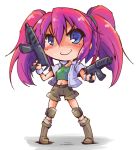  1girl blue_eyes boots firearm gun metal_slug midriff nadia_cassel navel pink_hair shinapuu short_sleeves shorts solo twintails vest weapon 