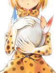  1girl absurdres blonde_hair bow bowtie bucket_hat crying dengliziti elbow_gloves gloves hat hat_feather head_out_of_frame highres holding holding_hat holding_to_chest kemono_friends serval_(kemono_friends) short_hair solo spoilers upper_body 