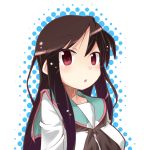  1girl a_channel black_hair black_neckerchief blush eyebrows_visible_through_hair long_hair looking_at_viewer miiyon neckerchief nishi_yuuko open_mouth red_eyes school_uniform solo 