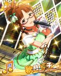  akizuki_ritsuko brown_hair card_(medium) character_name dress glasses gloves green_dress idolmaster idolmaster_million_live! jewelry looking_at_viewer microphone necklace official_art sleeveless stage white_gloves 