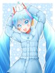  :d arms_up blue_background blue_eyes blue_hair blue_jacket down_jacket earmuffs frills fur-trimmed_jacket fur_trim hatsune_miku jacket long_hair looking_at_viewer on_head open_mouth rie-co smile snowing snowman snowman_on_head sparkling_eyes twintails upper_body very_long_hair vocaloid 