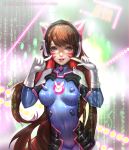  1girl animal_ears animal_print arms_up binary blue_suit bodysuit brown_hair bunny_print cat_ears covered_navel crotch d.va_(overwatch) deviantart_username facepaint fake_animal_ears gloves headphones headset highres long_hair looking_at_viewer open_mouth overwatch pointing pointing_at_self red_lips revision ribbed_bodysuit sangrde skin_tight solo turtleneck very_long_hair violet_eyes watermark web_address whisker_markings white_gloves 