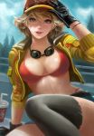  1girl black_gloves blonde_hair bracelet breasts cidney_aurum cleavage final_fantasy final_fantasy_xv frank_lee gloves goggles goggles_around_neck green_eyes hat highres jewelry looking_at_viewer parted_lips short_shorts shorts smile solo sweat thigh-highs thong 