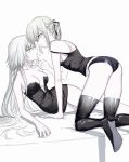  2girls ahoge ass bare_legs bare_shoulders bed black_panties blonde_hair boots breasts dress fate/grand_order fate/stay_night fate_(series) hair_ribbon highres jeanne_alter long_hair looking_at_viewer multiple_girls navel nipi27 panties ponytail ribbon ruler_(fate/apocrypha) saber saber_alter simple_background underwear yellow_eyes yuri 