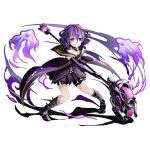  1girl black_dress claudy collar divine_gate dress elbow_gloves floating_hair frilled_dress frills full_body gloves grin hair_between_eyes hair_ornament hairclip holding holding_weapon looking_at_viewer official_art pink_eyes purple_gloves purple_hair short_hair smile solo transparent_background ucmm weapon wezaadoriizu 