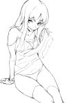 1girl babydoll bangs breasts collarbone eyebrows_visible_through_hair greyscale lifted_by_self long_hair looking_at_viewer monochrome original over-kneehighs panties parted_bangs parted_lips shoken_narai simple_background sitting sketch small_breasts smile solo thigh-highs underwear 