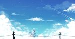  1girl aqua_hair bai_yemeng bicycle black_shirt character_name clouds cloudy_sky condensation_trail day from_side ground_vehicle hatsune_miku highres hood hoodie kite long_hair long_sleeves outdoors profile revision riding shirt shorts sky solo telephone_pole twintails vocaloid 
