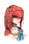  1girl breasts downcast_eyes fish_girl jewelry long_hair mike_nesbitt mipha monster_girl multicolored multicolored_skin necklace no_nipples red_skin redhead small_breasts solo the_legend_of_zelda the_legend_of_zelda:_breath_of_the_wild upper_body white_skin yellow_eyes zora 