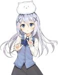  1girl :o angora_rabbit animal animal_on_head bangs black_skirt blue_bow blue_bowtie blue_eyes blue_hair blue_vest blush bow bowtie bunny_on_head buttons collared_shirt cowboy_shot eyebrows_visible_through_hair gochuumon_wa_usagi_desu_ka? hair_between_eyes hair_ornament hairclip index_finger_raised kafuu_chino koi_dance kurutsu long_hair long_sleeves looking_at_viewer on_head open_mouth outstretched_arm rabbit rabbit_house_uniform shirt sidelocks simple_background skirt standing tippy_(gochiusa) vest white_background white_shirt x_hair_ornament 