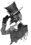 1boy akechi_gorou black_gloves formal gloves greyscale hand_on_headwear hat highres male_focus mask monochrome nanaya_(daaijianglin) persona persona_5 plague_doctor_mask solo suit top_hat upper_body
