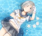  1girl afloat blue_eyes blush breasts flower gloves hair_ornament hair_over_one_eye hairclip hamakaze_(kantai_collection) hand_on_own_chest kantai_collection lying miniskirt navel no_legwear on_back petals_on_water riruno school_uniform serafuku short_hair short_sleeves silver_hair skirt smile solo water white_gloves 