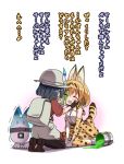  2girls animal_ears backpack bag bare_shoulders black_hair blonde_hair bow bowtie bucket_hat elbow_gloves gloves hat hat_feather kaban kemono_friends lucky_beast_(kemono_friends) multiple_girls open_mouth paint paint_can serval_(kemono_friends) serval_ears serval_print serval_tail shikei_(jigglypuff) shirt short_hair sleeveless smile tail translation_request 