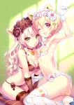  2girls :o ;d animal_ears arm_up armpits ass blonde_hair blush breasts choker fake_animal_ears food_themed_clothes fork gloves green_eyes hairband high_heels highres long_hair looking_at_viewer medium_breasts multiple_girls navel nishimura_eri one_eye_closed open_mouth original panties red_eyes red_gloves red_legwear short_hair small_breasts smile sweets_lingerie thigh-highs underwear underwear_only white_gloves white_legwear 