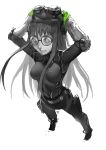  1girl bodysuit full_body glasses headphones highres long_hair looking_at_viewer monochrome nanaya_(daaijianglin) persona persona_5 sakura_futaba simple_background smile solo spot_color white_background 