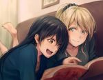  2girls ayase_eli bangs barefoot blonde_hair blue_eyes blue_hair blurry book brown_eyes depth_of_field face highres long_hair long_sleeves looking_at_another love_live! love_live!_school_idol_project lying multiple_girls on_stomach open_book open_mouth pointing ponytail reading scrunchie smile sonoda_umi yukiiti 