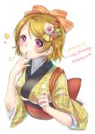 1girl blonde_hair blush bow character_name cropped_torso dated eating food food_on_face hair_bow hair_ornament hand_to_own_mouth happy_birthday japanese_clothes kanzashi kimono koizumi_hanayo lma looking_at_viewer love_live! love_live!_school_idol_project no_legs obi plaid pout sash short_hair solo star striped striped_bow sweets tasuki twitter_username upper_body violet_eyes 