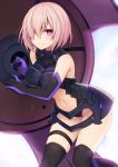  1girl armor armored_dress backlighting bangs bare_legs bare_shoulders black_dress black_gloves black_legwear black_leotard blurry blurry_background blush breasts cleavage dress elbow_gloves eyebrows_visible_through_hair fate/grand_order fate_(series) female gloves grin hair_over_one_eye holding_shield large_breasts lavender_hair leaning leaning_forward legs leotard looking_at_viewer muryou navel navel_cutout over-kneehighs parted_lips pink_hair purple_gloves shield shielder_(fate/grand_order) short_hair sleeveless sleeveless_dress smile solo standing tears thigh-highs thigh_strap type-moon violet_eyes 