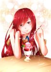  blouse brown_eyes chair erza_scarlet fairy_tail food fruit glass highres ice_cream looking_at_viewer okamiuraaoi redhead sleeveless smile solo spoon strawberry sundae table 