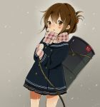  1girl 2014 absurdres bangs blush brown_eyes brown_hair chiyu_(cotoritori) coat double-breasted drum_(container) folded_ponytail gloves grey_background highres inazuma_(kantai_collection) kantai_collection long_sleeves mittens open_mouth plaid plaid_scarf pleated_skirt rope sailor_collar scarf skirt snow snowing solo 