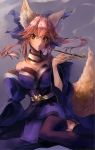  1girl absurdres animal_ears blue_legwear bow breasts cleavage detached_sleeves fate/extella fate/extra fate_(series) fox_ears fox_tail hair_bow hair_ribbon highres holding japanese_clothes kiseru kobayuu large_breasts looking_at_viewer open_mouth pink_hair pipe ribbon sitting smoking solo tail tamamo_(fate)_(all) tamamo_no_mae_(fate) yellow_eyes 