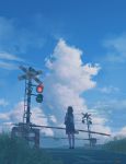  1girl artist_name bag blue_skirt brown_hair clouds day from_behind grass highres kneehighs long_hair original outdoors pleated_skirt railroad_crossing revision rural scenery school_bag school_uniform serafuku shirt shoes short_sleeves signature skirt sky solo standing tamaki_(tamaki_illust) white_legwear white_shirt 