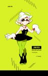  +_+ 1girl ankle_boots black_boots black_dress boots brown_eyes closed_mouth detached_collar domino_mask dress earrings food food_on_head full_body gloves green_background green_legwear hotaru_(splatoon) inkling_(language) jewelry looking_at_viewer mask mole mole_under_eye object_on_head pointy_ears seto_(asils) short_dress short_hair solo splatoon standing strapless strapless_dress tentacle_hair white_gloves 