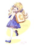  1girl :d backpack bag blonde_hair blue_dress blue_eyes blue_shoes character_name copyright_name dress english eyebrows_visible_through_hair floral_print from_side full_body head_tilt heart highres leg_up long_hair looking_back low_twintails mary_janes matatabi_kikuno number open_mouth sailor_dress shoes sleeveless sleeveless_dress smile solo standing standing_on_one_leg tasha_romanovsky thigh-highs tokyo_7th_sisters twintails twitter_username white_background 