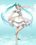  1girl :d ^_^ aqua_eyes aqua_hair barefoot blush closed_eyes clouds dress feet full_body hair_ornament happy hatsune_miku kneepits legs long_hair nail_polish open_mouth outstretched_arms outstretched_hand revision shiny shiny_skin smile soles solo spread_arms standing standing_on_liquid standing_on_one_leg toenail_polish toes twintails very_long_hair vocaloid water white_dress wokada 