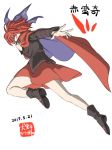  1girl 2017 black_boots black_shirt blue_bow boots bow cape character_name covered_mouth covering_mouth dated full_body hair_bow inuno_rakugaki long_sleeves looking_at_viewer outstretched_arm red_cape red_eyes red_skirt redhead sekibanki shirt short_hair skirt solo touhou white_background 