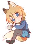  1girl absurdres animal_ears arm_support bangs black_footwear black_legwear blonde_hair blue_eyes blue_skirt blue_sweater braid chibi closed_mouth commentary cup darjeeling dog_ears dog_tail eyebrows_visible_through_hair from_side full_body girls_und_panzer head_tilt highres holding kemonomimi_mode long_hair long_sleeves looking_at_viewer miluke miniskirt pantyhose pleated_skirt school_uniform shoes short_hair simple_background sitting skirt smile sweater tail teacup tied_hair twin_braids white_background 