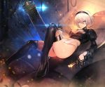  1girl blue_eyes covered_navel feather-trimmed_sleeves gloves hairband high_heels khanshin leotard looking_at_viewer lying multicolored multicolored_clothes multicolored_gloves nier_(series) nier_automata on_back short_hair solo thighs white_hair white_leotard yorha_no._2_type_b 