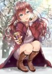  1girl :3 blue_eyes blush boots brown_hair can can_to_cheek canned_coffee fur_trim hair_between_eyes head_tilt highres ichinose_shiki idolmaster idolmaster_cinderella_girls jacket long_hair looking_at_viewer open_mouth outstretched_hand sakamuke skirt snow snowing solo squatting wavy_hair 