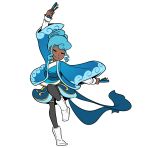  1girl aqua_hair boots closed_eyes dark_skin drill_hair full_body japanese_clothes mary_cagle original pantyhose pose sleepless_domain smile solo standing standing_on_one_leg twin_drills undine_wells white_background white_boots yosakoi 