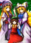  3girls absurdly_long_hair absurdres alternate_eye_color animal_ears armband bangs blonde_hair blue_eyes blush bow breasts brown_eyes brown_hair cat_ears cat_tail chen day dress fan fangs_out flat_chest folding_fan fox_tail frilled_skirt frills green_hat hair_between_eyes hair_bow half-closed_eyes hat hat_ribbon highres holding holding_umbrella long_hair long_sleeves looking_at_viewer mob_cap multiple_girls multiple_tails parasol parted_lips pillow_hat pose red_skirt red_vest ribbon shirt sidelocks skirt small_breasts standing tabard tail touhou tree two_tails umbrella very_long_hair vest wawawa_(kazutanukiti) white_dress white_shirt wide_sleeves yakumo_ran yakumo_yukari 
