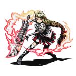  1girl bediere_(entaku_no_kishi) blonde_hair boots bow divine_gate entaku_no_kishi full_body gunblade hair_bow holding holding_sword holding_weapon long_hair looking_at_viewer low-tied_long_hair official_art pleated_skirt red_bow red_eyes shadow skirt solo sword thigh-highs thigh_boots transparent_background ucmm very_long_hair weapon 