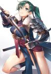  1girl armor fire_emblem fire_emblem:_kakusei fire_emblem:_rekka_no_ken fur_trim green_eyes green_hair katana kneeling lyndis_(fire_emblem) ponytail solo sword weapon yomo_(majidon) 