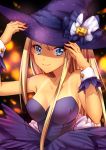  &gt;:) 1girl alessandra_susu bare_shoulders black_dress blonde_hair blue_eyes breasts cleavage closed_mouth dress halloween_costume hands_on_headwear hat highres jack-o&#039;-lantern long_hair matatabi_kikuno medium_breasts number sleeveless sleeveless_dress smile solo strapless strapless_dress tan tanline tokyo_7th_sisters twitter_username upper_body very_long_hair witch witch_hat wrist_cuffs 